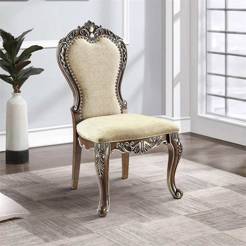 Bowery Hill 24 Inch Dining Chair Set of 2 in Oak with Beige Chenille