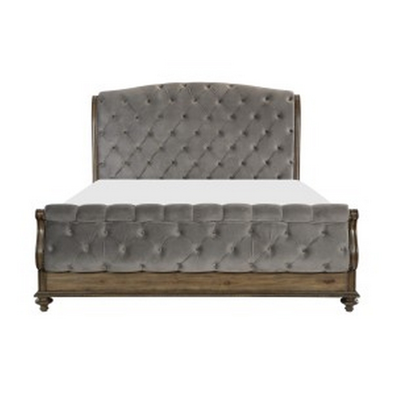 Bowery Hill Sleigh Queen Bed with Tufted Rolled Headboard in Gray Velvet