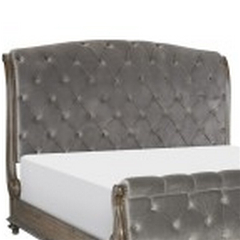 Bowery Hill Sleigh Queen Bed with Tufted Rolled Headboard in Gray Velvet