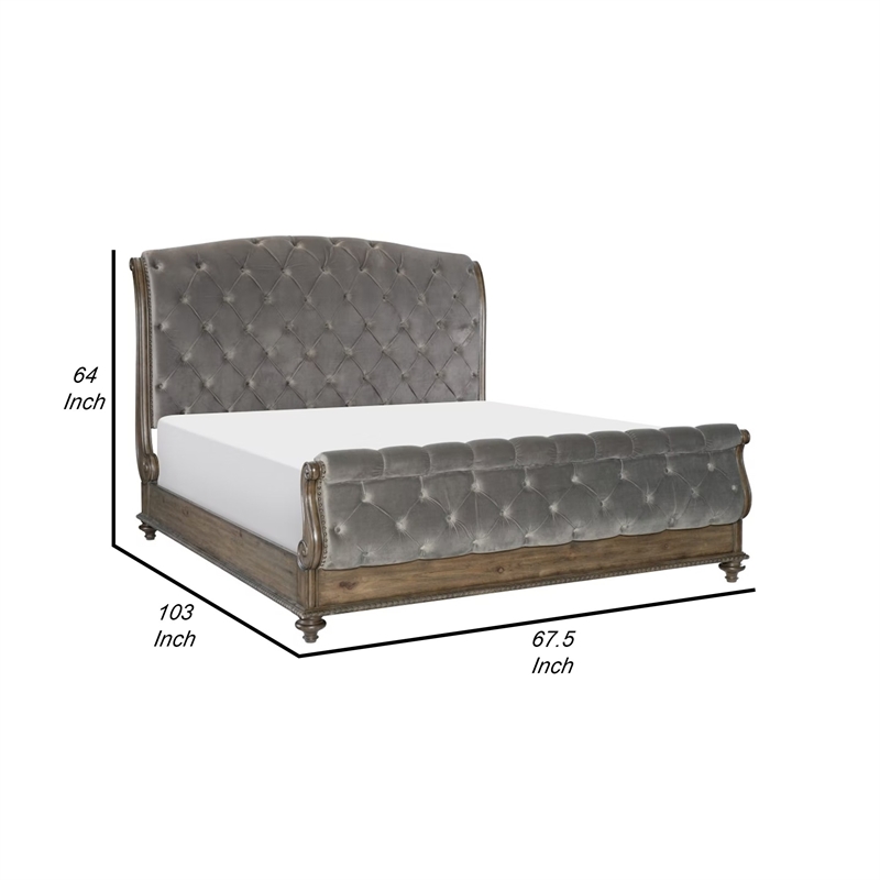 Bowery Hill Sleigh Queen Bed with Tufted Rolled Headboard in Gray Velvet