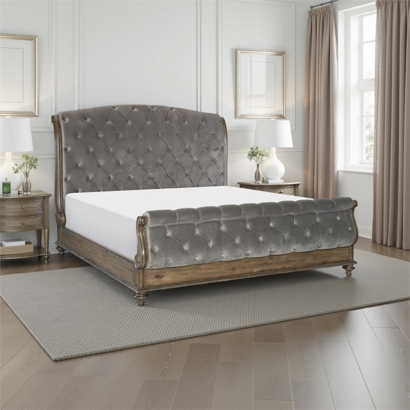 Bowery Hill Sleigh Queen Bed with Tufted Rolled Headboard in Gray Velvet