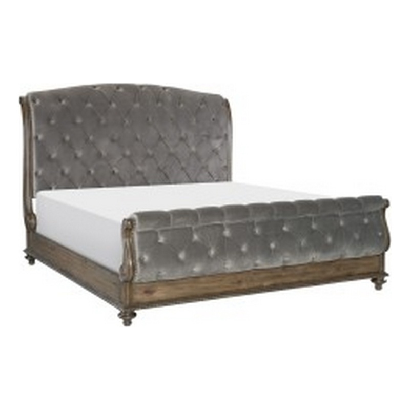 Bowery Hill Sleigh Queen Bed with Tufted Rolled Headboard in Gray Velvet