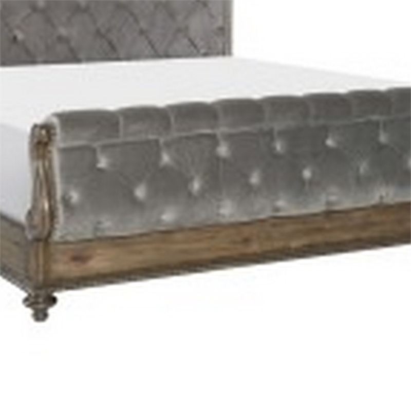 Bowery Hill Sleigh Queen Bed with Tufted Rolled Headboard in Gray Velvet