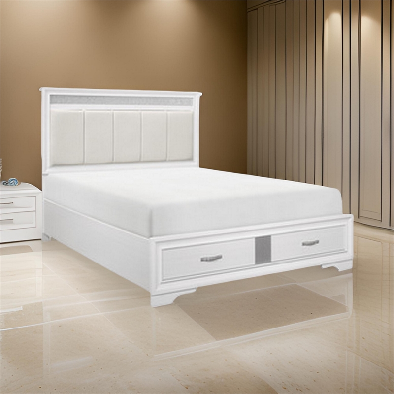 Bowery Hill Queen Bed with Tufted Headboard and 2 Drawer Footboard in White
