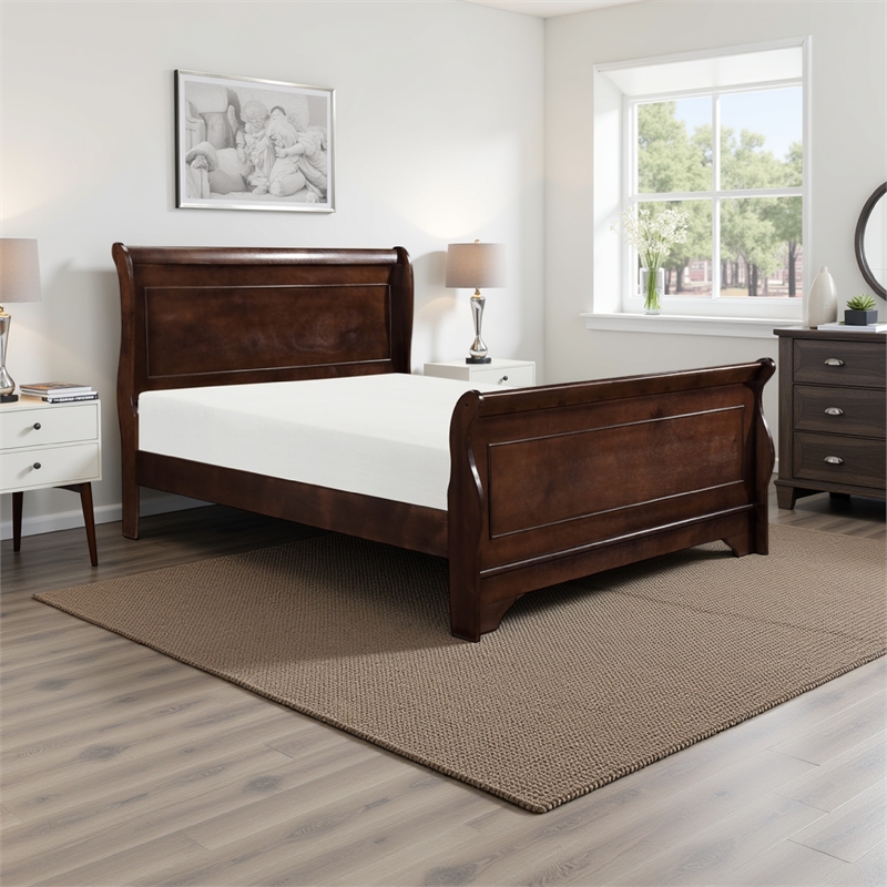 Bowery Hill Queen Sleigh Style Bed with Wood Frame in Cherry Brown