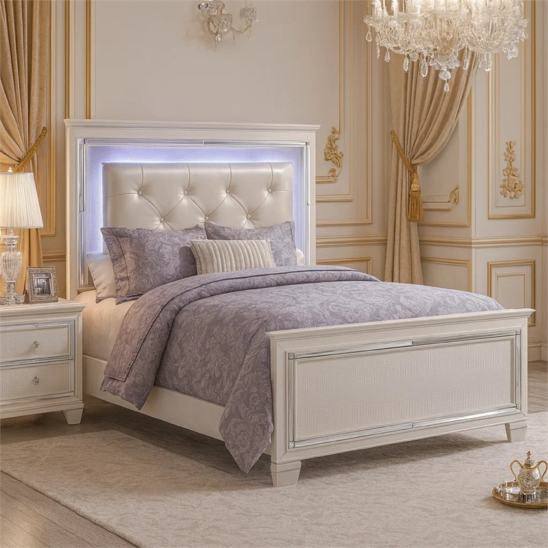 Bowery Hill California King Bed with LED Crystal Tufted Headboard in White