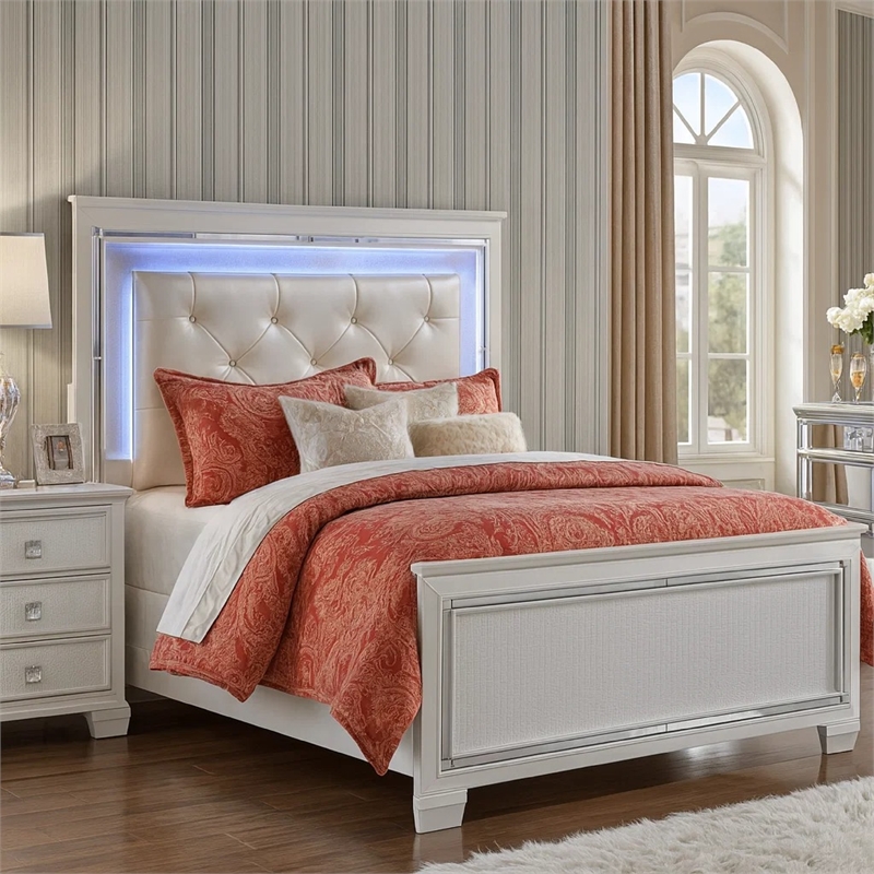 Bowery Hill California King Bed with LED Crystal Tufted Headboard in White
