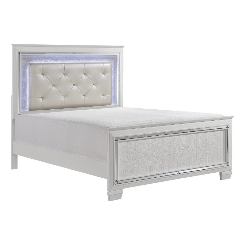 Bowery Hill California King Bed with LED Crystal Tufted Headboard in White
