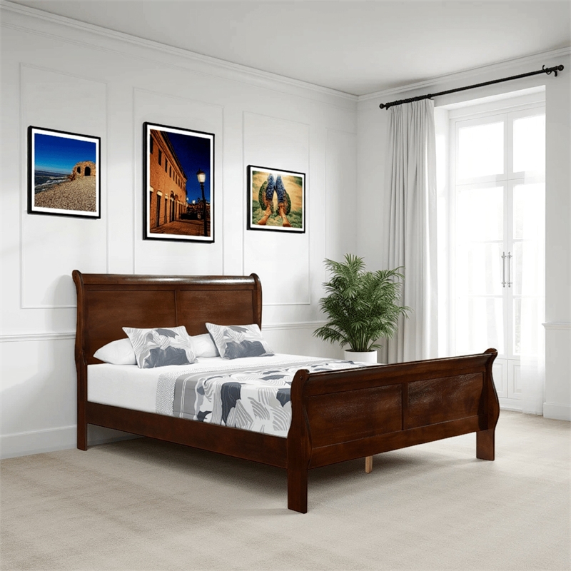 Bowery Hill Queen Sleigh Bed with Wood Frame in Rich Brown Cherry