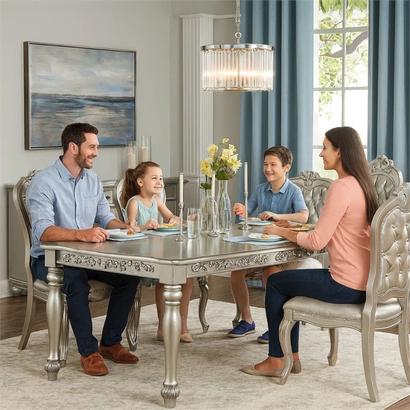 Bowery Hill 78 Inch Dining Table with 2 Leaves and Carving in Champagne