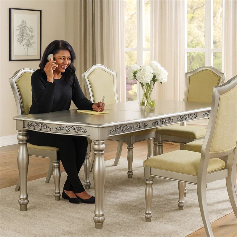 Bowery Hill 78 Inch Dining Table with 2 Leaves and Carving in Champagne