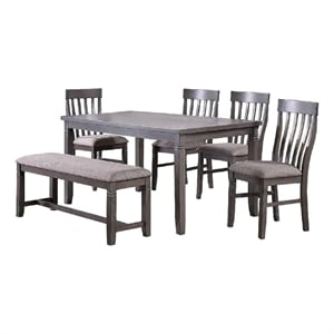 Bowery Hill 6 Piece Dining Set with Table 4 Chairs and Bench in Gray Fabric