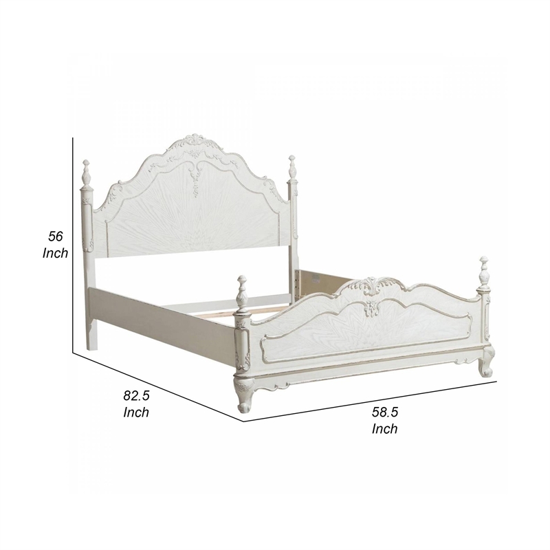 Bowery Hill Floral Motif Carvings Full Size Bed in Antique White