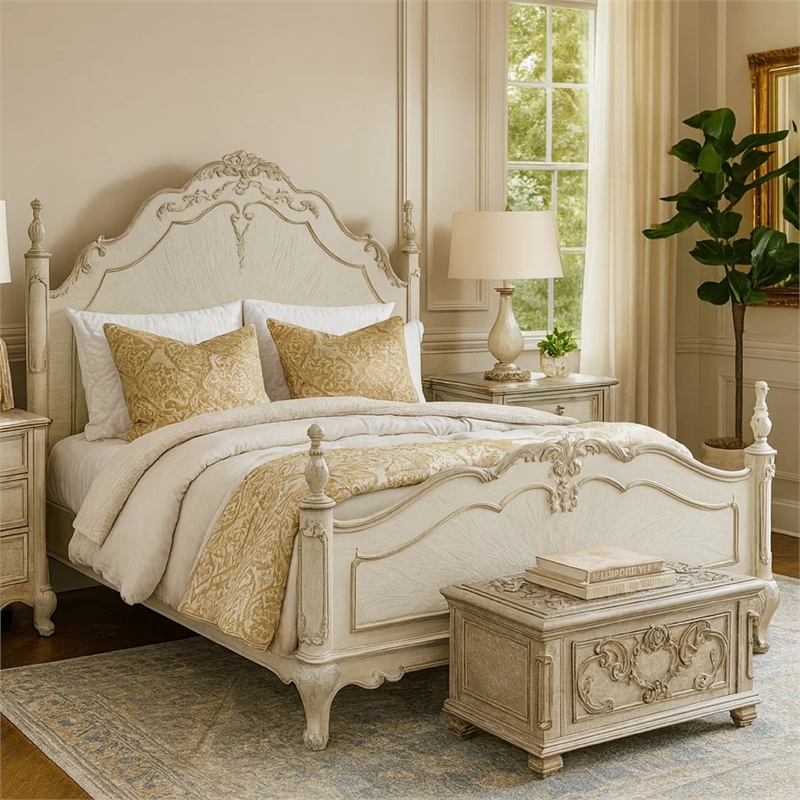 Bowery Hill Floral Motif Carvings Full Size Bed in Antique White