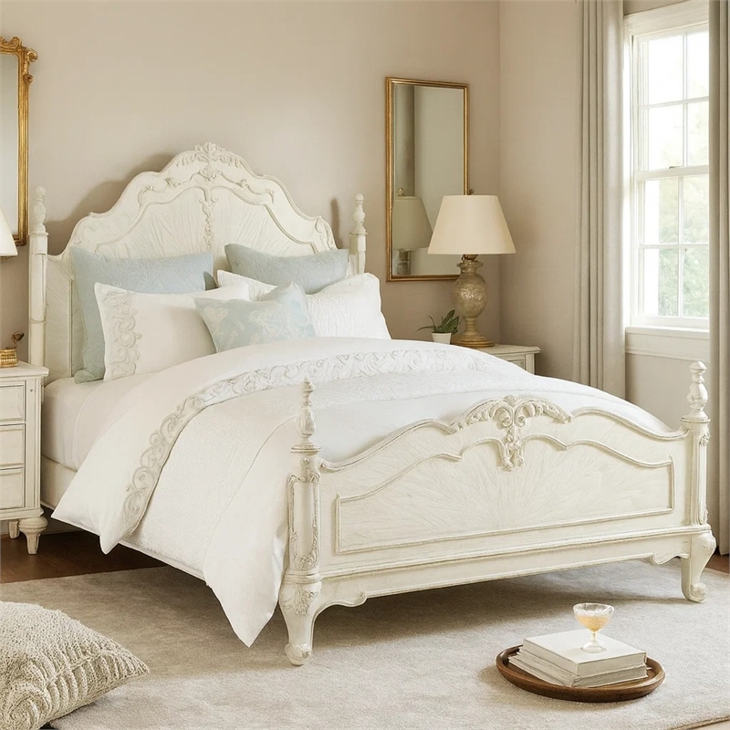 Bowery Hill Floral Motif Carvings Full Size Bed in Antique White