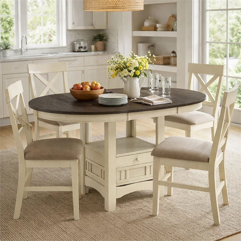 Bowery Hill 42 to 60 in Counter Height Table in Antique White and Brown