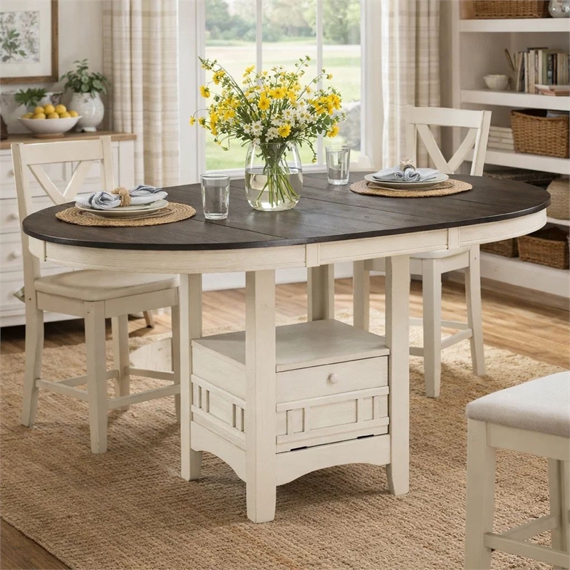 Bowery Hill 42 to 60 in Counter Height Table in Antique White and Brown
