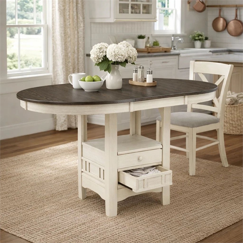 Bowery Hill 42 to 60 in Counter Height Table in Antique White and Brown
