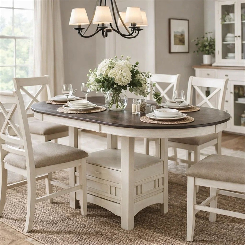 Bowery Hill 42 to 60 in Counter Height Table in Antique White and Brown