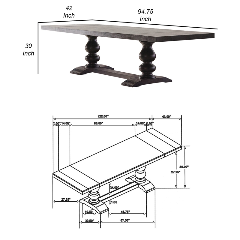 Bowery Hill 95 to 123 in Dining Table with 2 Leaves in Antique Black
