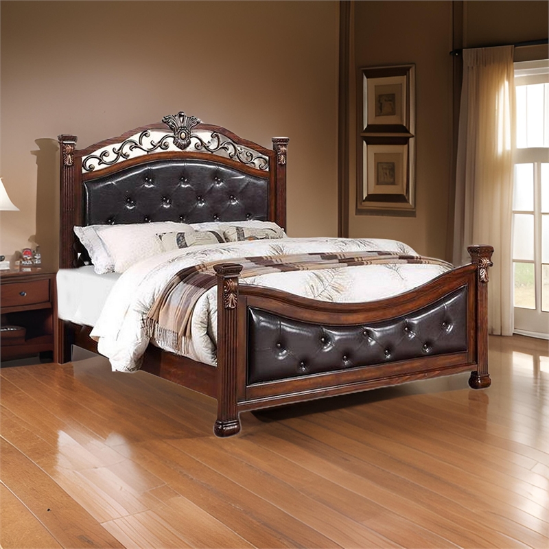 Bowery Hill Traditional King Size Bed with Tufted Headboard in Cherry Brown