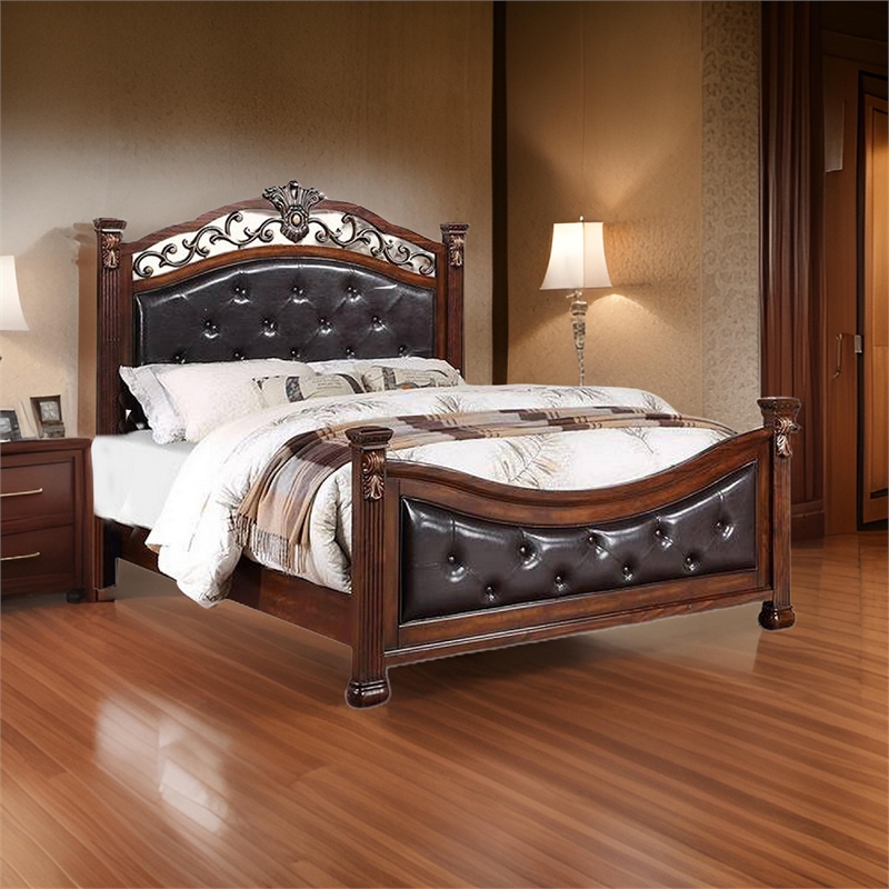 Bowery Hill California King Bed with Tufted Headboard in Cherry Brown