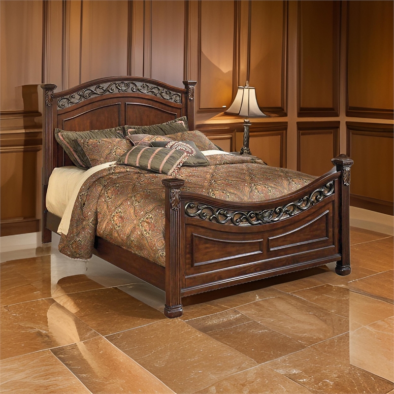 Bowery Hill Wood California King Bed with Leaf Carvings in Cherry Brown