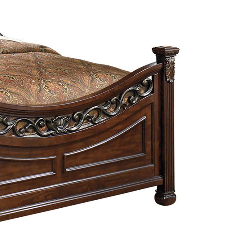 Bowery Hill Wood California King Bed with Leaf Carvings in Cherry Brown