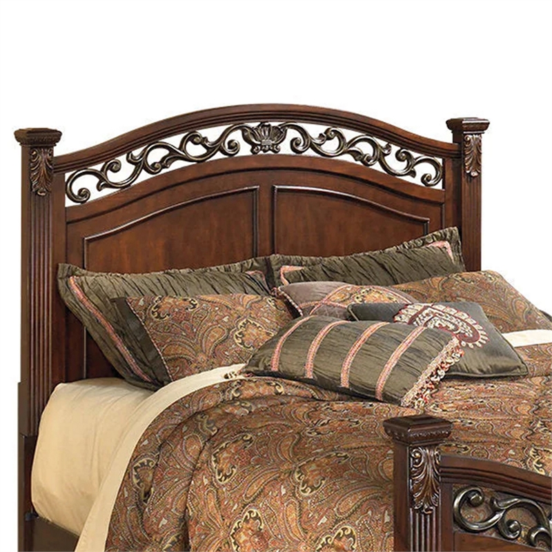Bowery Hill Wood California King Bed with Leaf Carvings in Cherry Brown