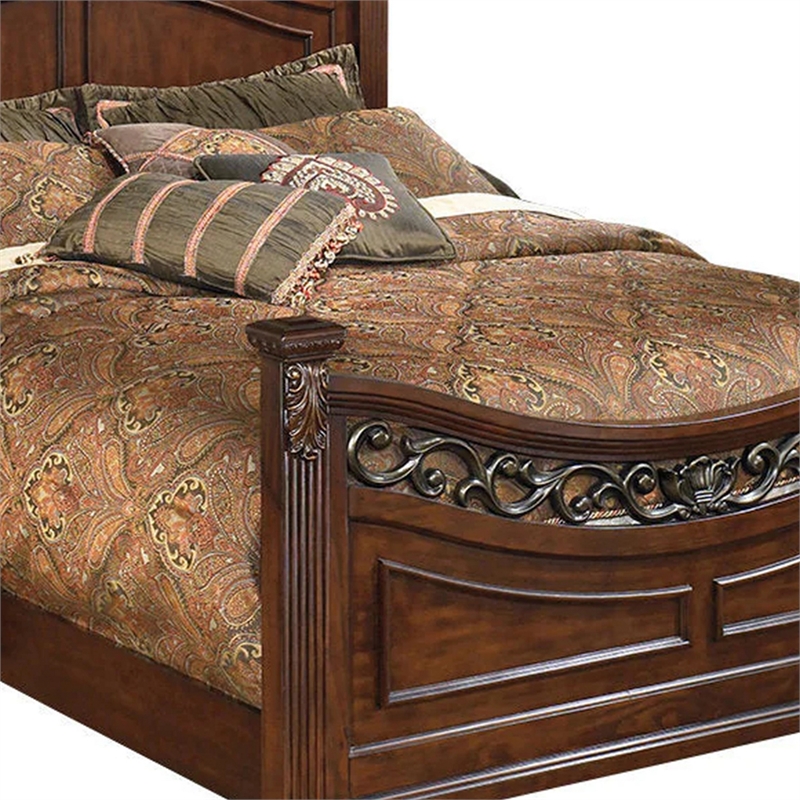 Bowery Hill Wood California King Bed with Leaf Carvings in Cherry Brown