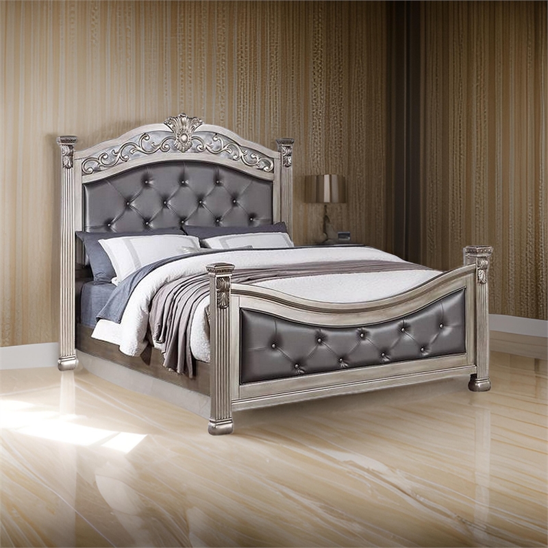 Bowery Hill California King Bed with Button Tufted Headboard in Silver