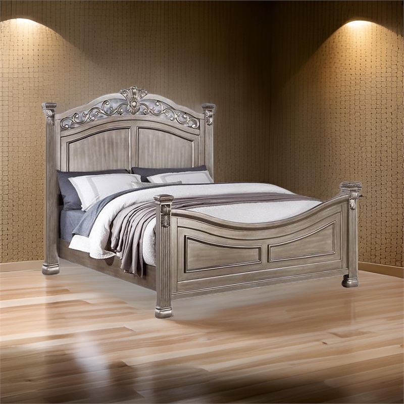Bowery Hill Wood California King Bed with Leaf Carvings in Champagne Gold