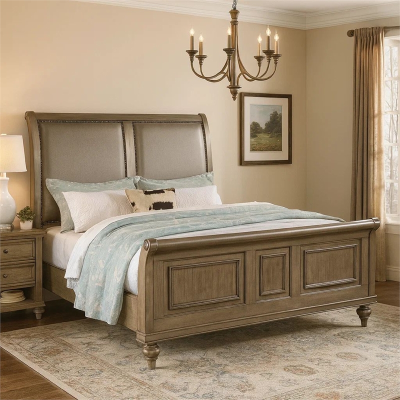 Bowery Hill Modern California King Bed with Faux Leather Upholstery in Gold