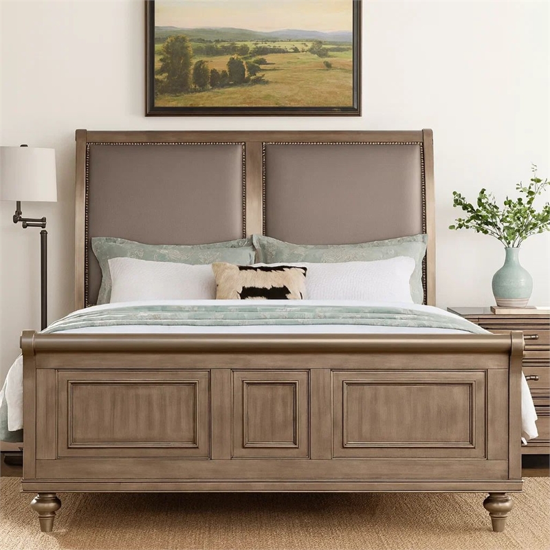 Bowery Hill Modern California King Bed with Faux Leather Upholstery in Gold