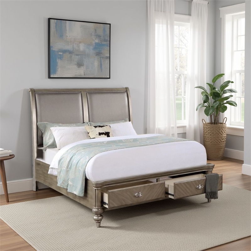 Bowery Hill Queen Bed with Faux Leather and 2 Storage Drawers in Gold