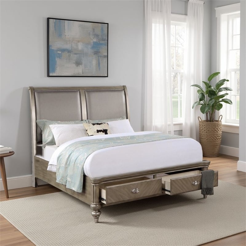 Bowery Hill Queen Bed with Faux Leather and 2 Storage Drawers in Gold