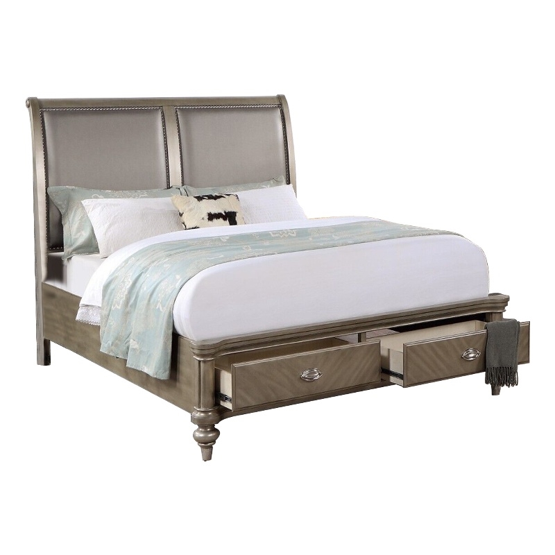 Bowery Hill Queen Bed with Faux Leather and 2 Storage Drawers in Gold