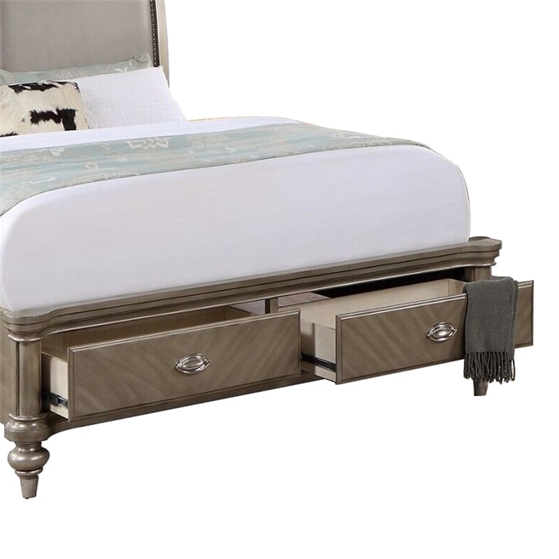 Bowery Hill King Size Bed with Faux Leather and 2 Storage Drawers in Gold