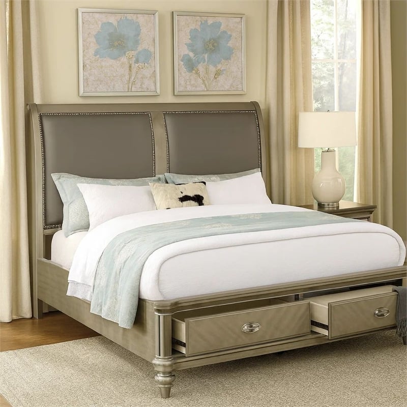 Bowery Hill King Size Bed with Faux Leather and 2 Storage Drawers in Gold