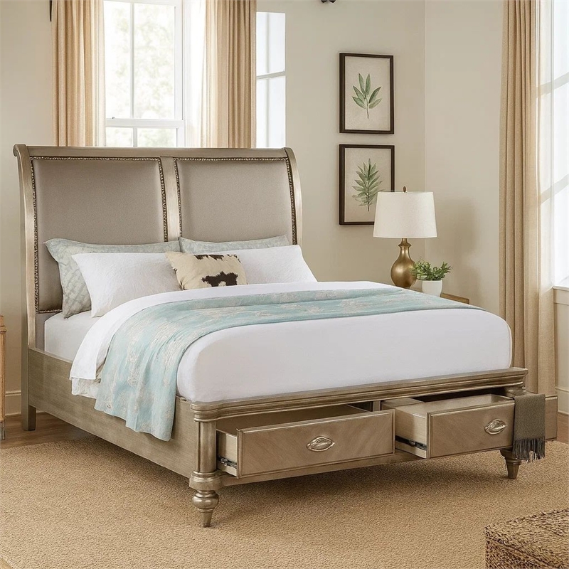 Bowery Hill Modern California King Storage Bed with Faux Leather in Gold