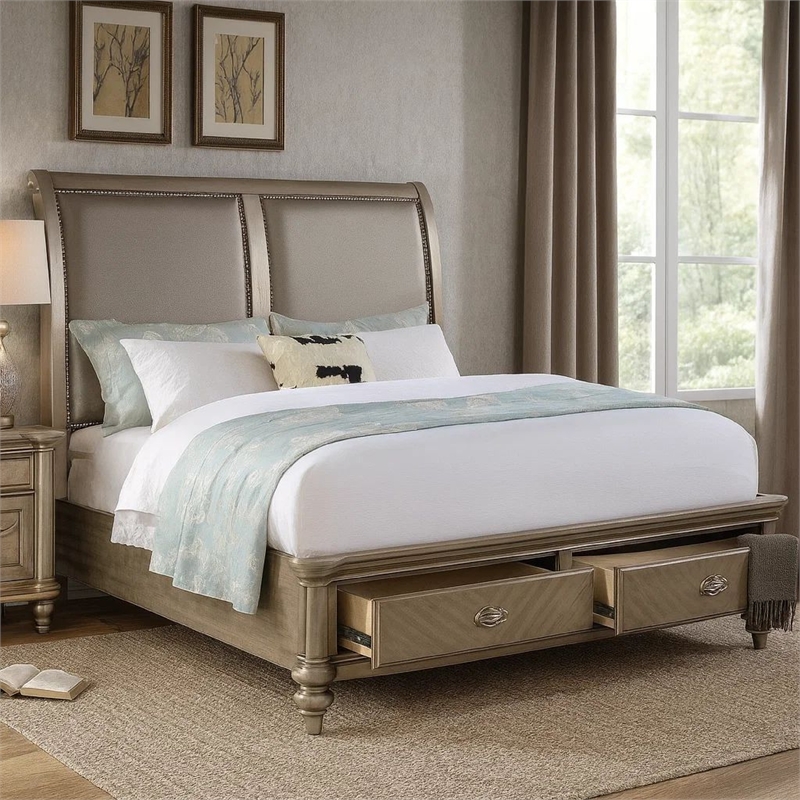Bowery Hill Modern California King Storage Bed with Faux Leather in Gold