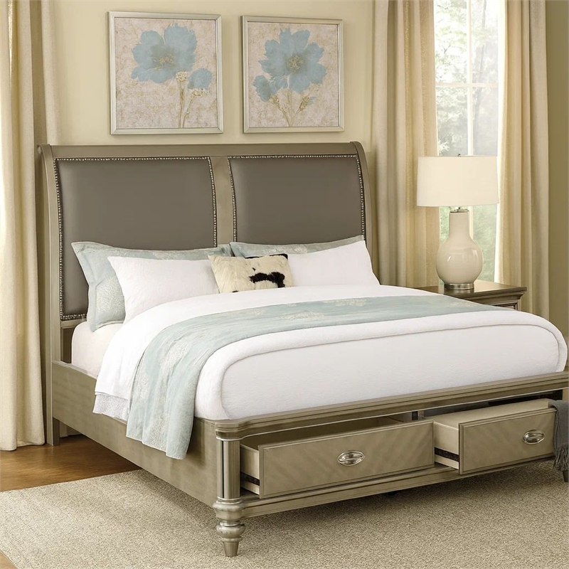 Bowery Hill Modern California King Storage Bed with Faux Leather in Gold
