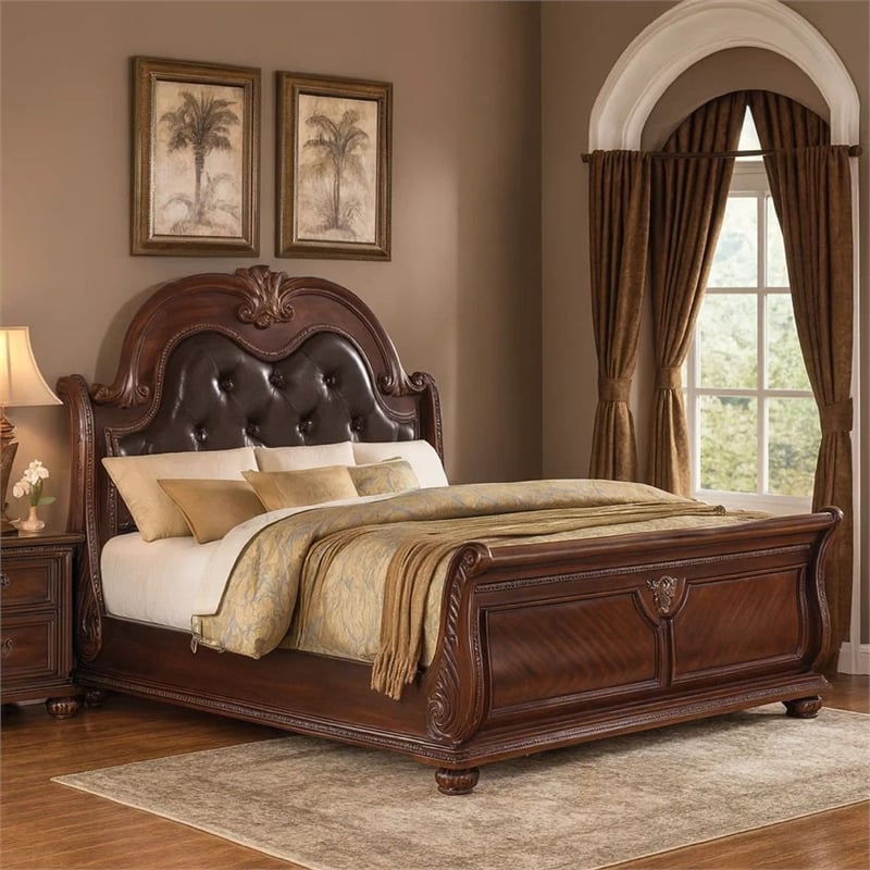 Bowery Hill King Bed in Brown Wood with Faux Leather Upholstery