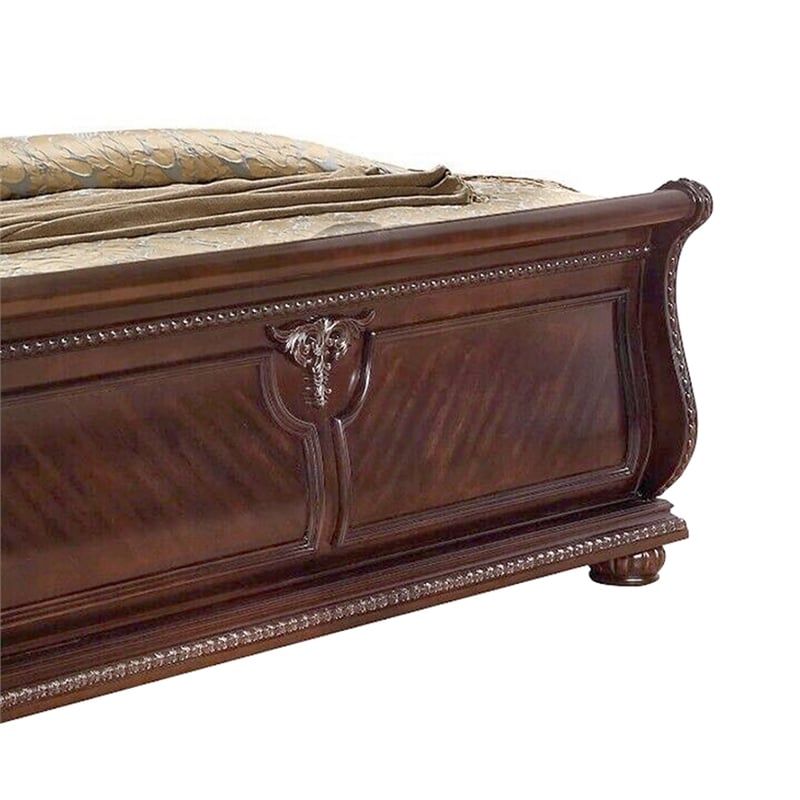 Bowery Hill King Bed in Brown Wood with Faux Leather Upholstery