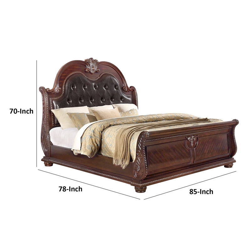 Bowery Hill King Bed in Brown Wood with Faux Leather Upholstery