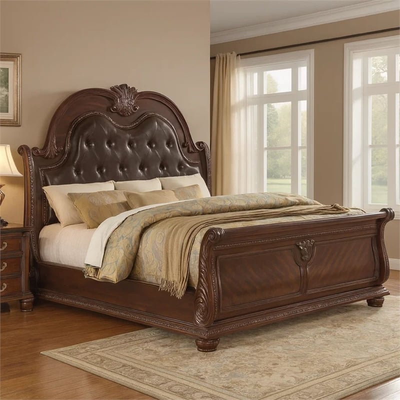 Bowery Hill King Bed in Brown Wood with Faux Leather Upholstery