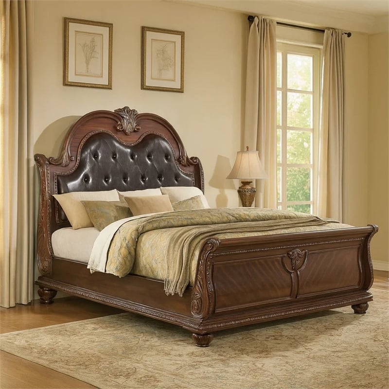 Bowery Hill King Bed in Brown Wood with Faux Leather Upholstery