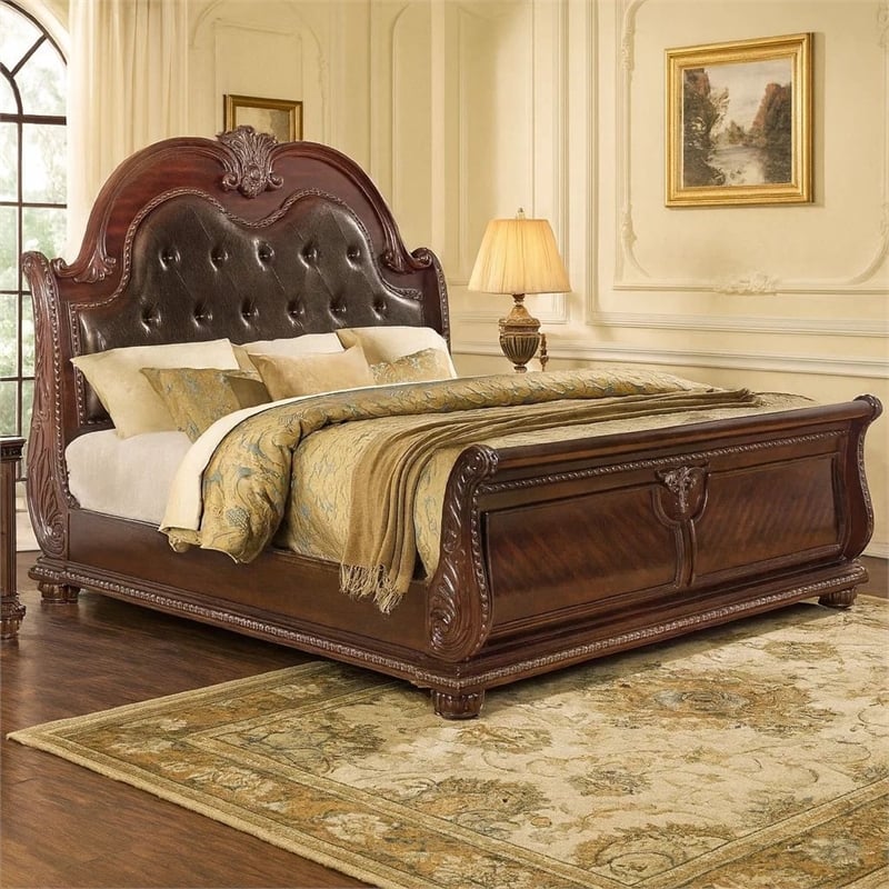 Bowery Hill King Bed in Brown Wood with Faux Leather Upholstery