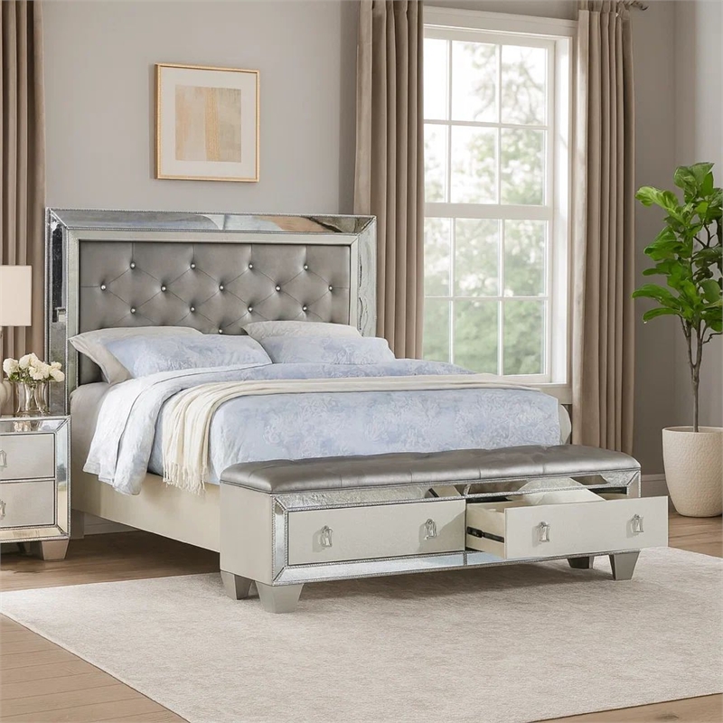 Bowery Hill California King Storage Bed in Silver Faux Leather