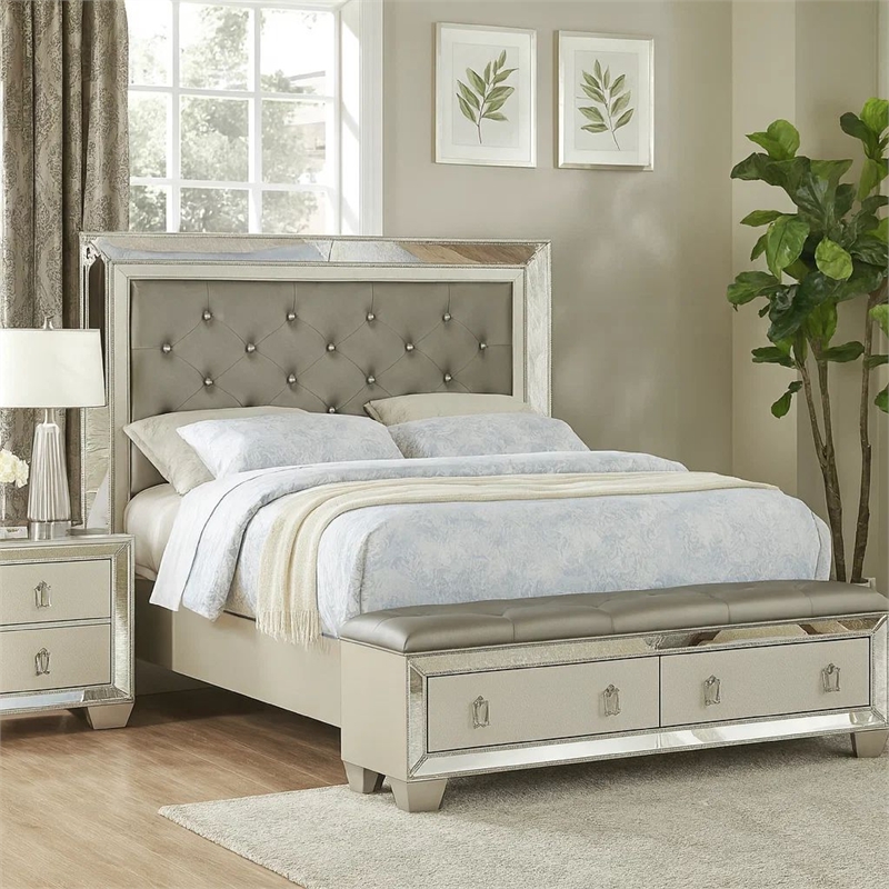 Bowery Hill California King Storage Bed in Silver Faux Leather